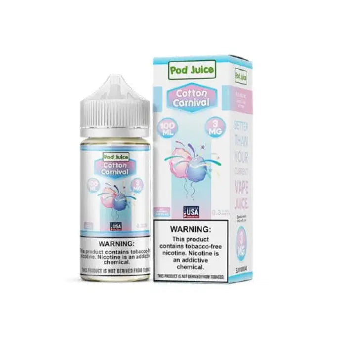 E-liquid bottle and packaging for ’Cotton Carnival’ flavor by Pod Juice.