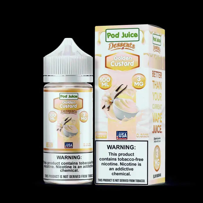 E-liquid bottle and packaging for ’Pod Juice Desserts Coconut Custard’ flavor.