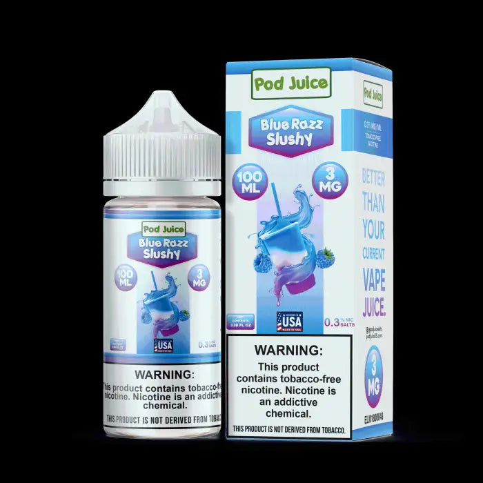 E-liquid bottle and packaging for ’Blue Razz Slushy’ flavor by Pod Juice.