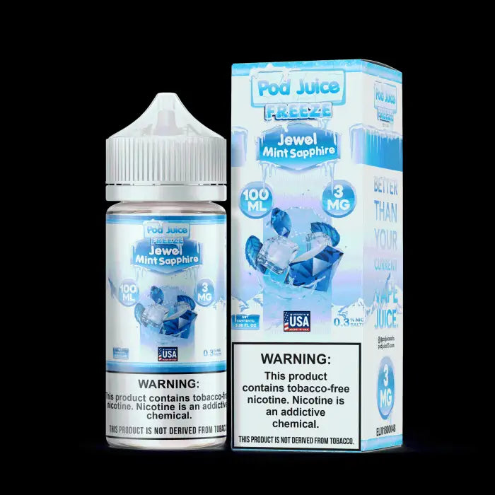 E-liquid bottle and packaging for ’Pod Juice Freeze Jewel Mint Sapphire’ vape juice.