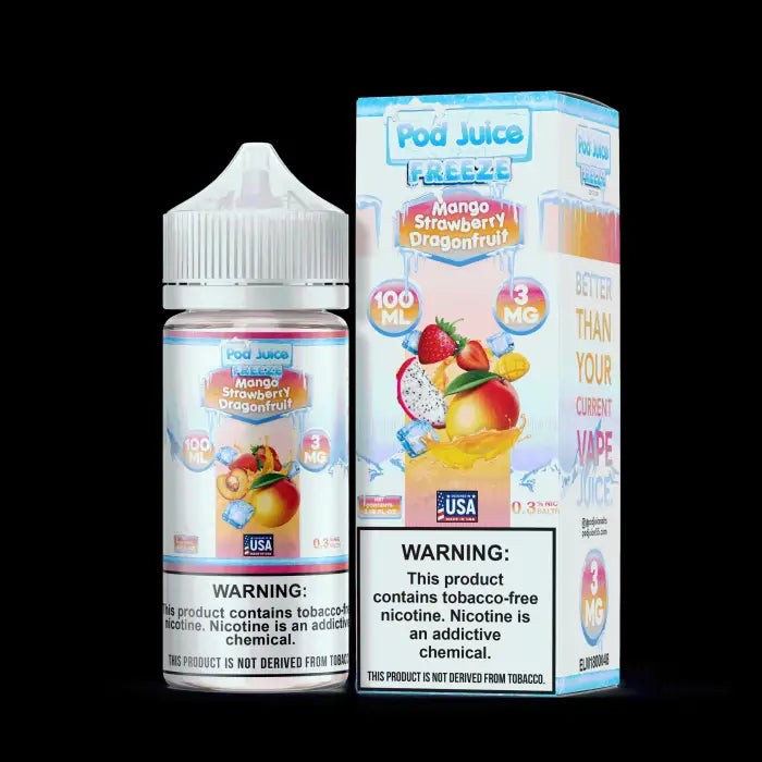 E-liquid bottle and packaging for ’Pod Juice Freeze’ in mango strawberry dragonfruit flavor.