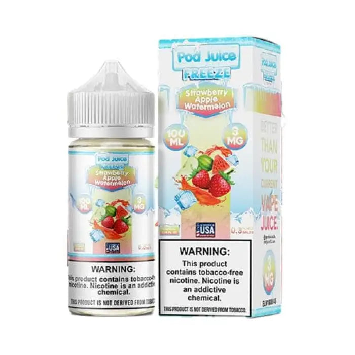 E-liquid bottle and packaging for ’Pod Juice’ brand vape juice in Strawberry Watermelon flavor.