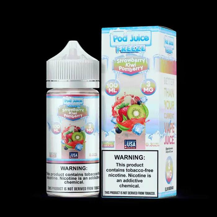 Bottle and packaging of ’Pod Juice Freeze’ e-liquid featuring fruit imagery.