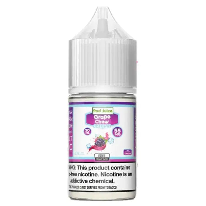 Bottle of grape-flavored e-liquid or vape juice with a warning label.