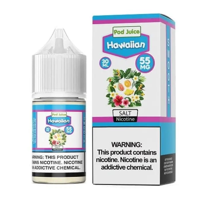 E-liquid bottle and packaging for ’Pod Juice Hawaiian’ nicotine vape juice.