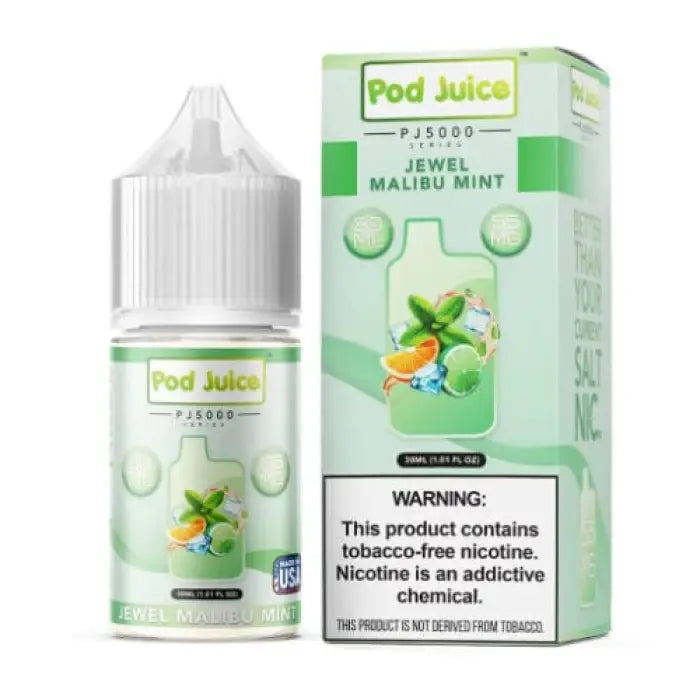 E-liquid bottle and packaging for ’Pod Juice’ in Jewel Malibu Mint flavor.