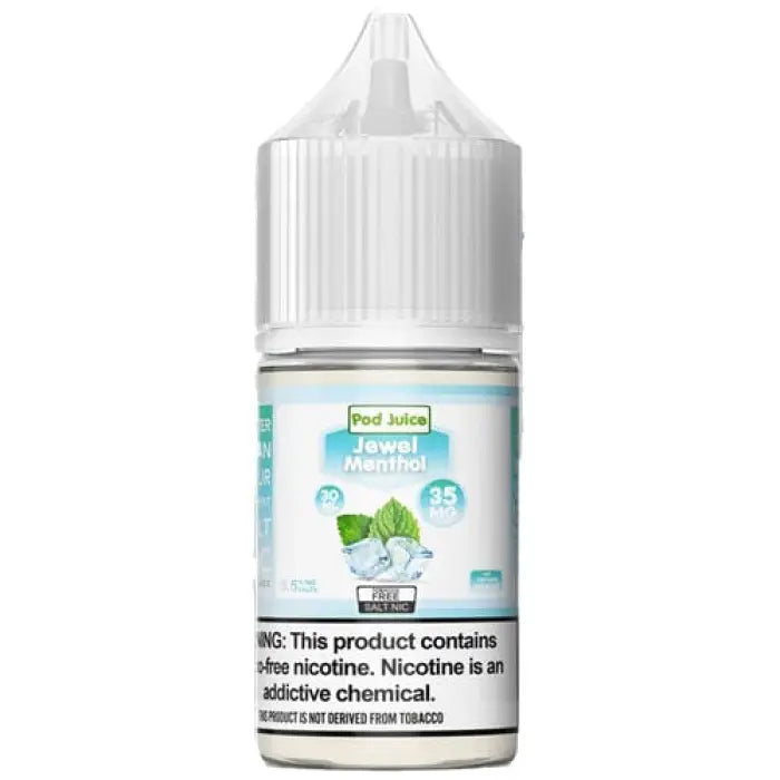 White plastic bottle of e-liquid labeled ’Jewel Menthol’ with a turquoise and white label.