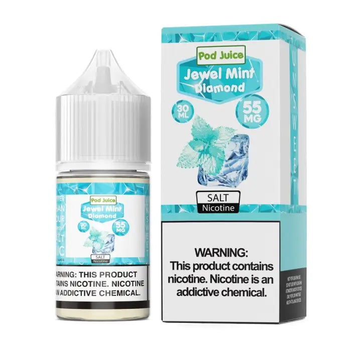 E-liquid bottle and packaging for ’Pod Juice Jewel Mint Diamond’ flavor with nicotine warning labels.