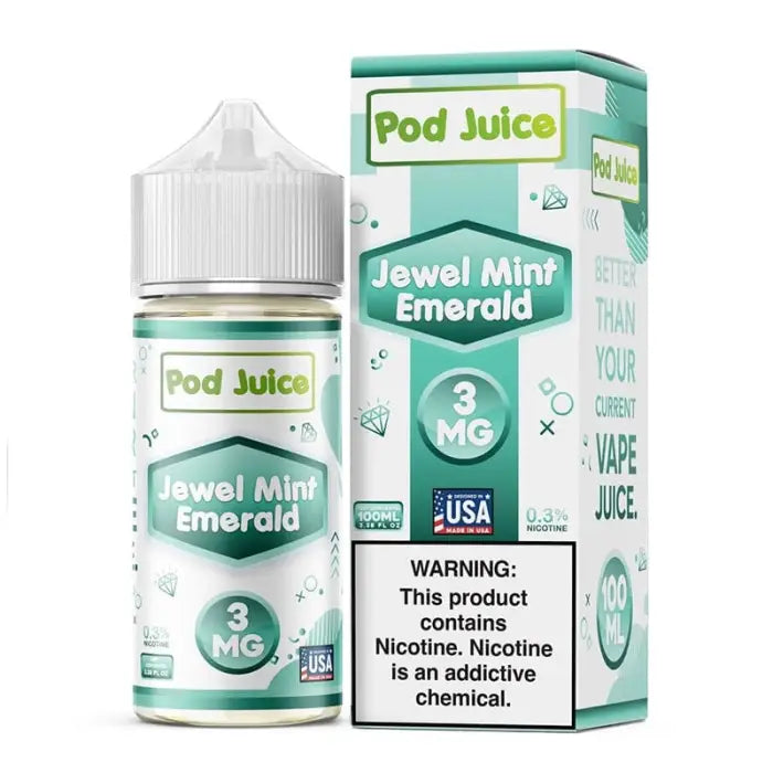 E-liquid bottle and packaging for ’Pod Juice’ in the Jewel Mint Emerald flavor.