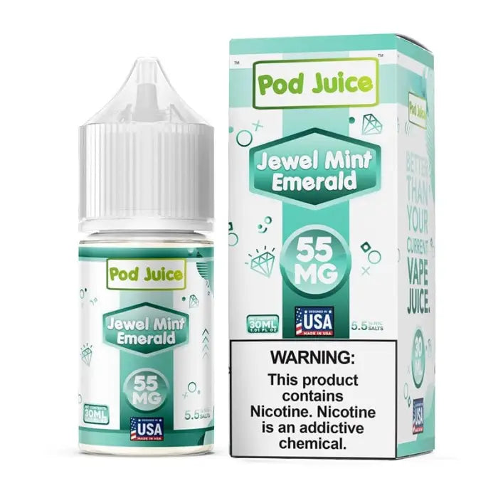 E-liquid bottle and packaging for ’Pod Juice Jewel Mint Emerald’ flavor with 55mg nicotine strength.