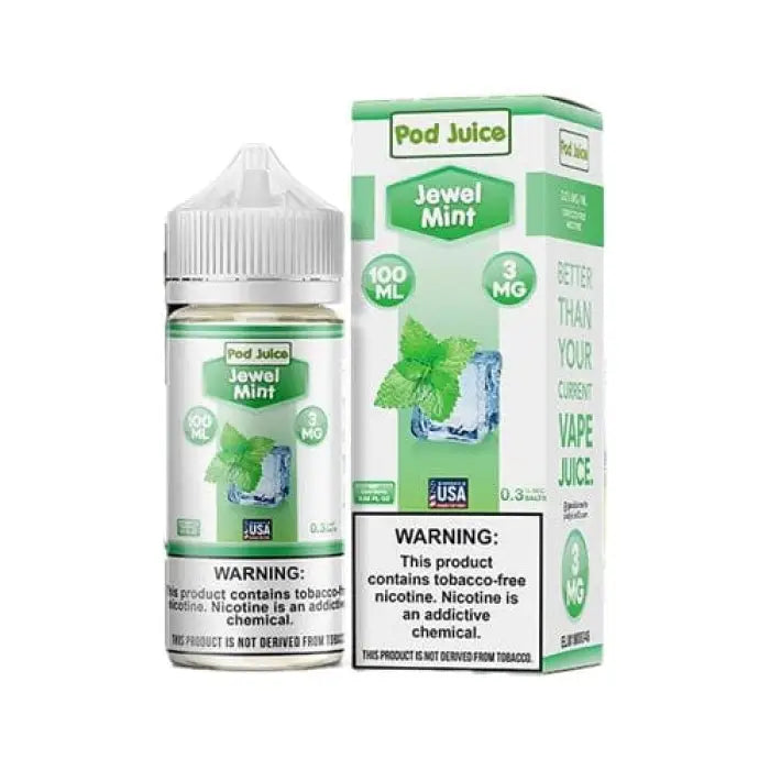 E-liquid bottle and packaging for ’Pod Juice’ in Jewel Mint flavor.