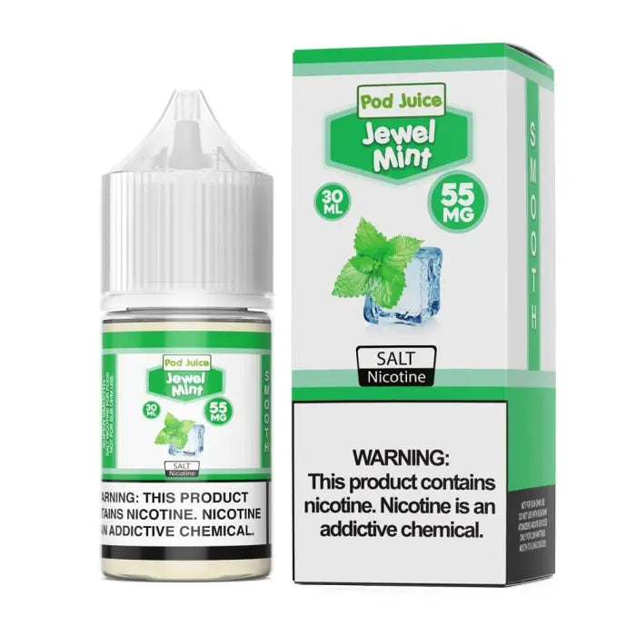 Bottle and packaging of Pod Juice Jewel Mint e-liquid with 55mg nicotine salt.