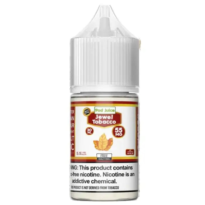 White plastic bottle of ’Jewel Tobacco’ e-liquid with a warning label about nicotine.