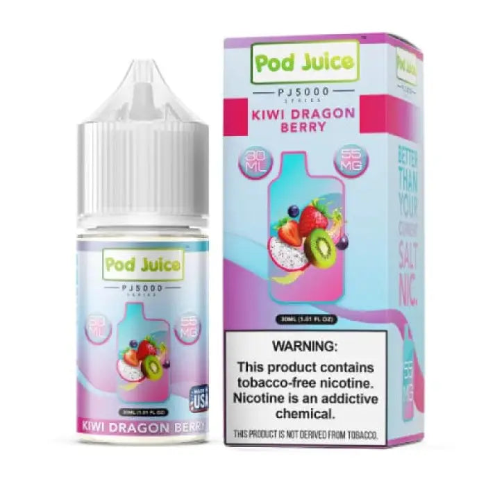 E-liquid bottle and packaging for ’Pod Juice’ in Kiwi Dragon Berry flavor.