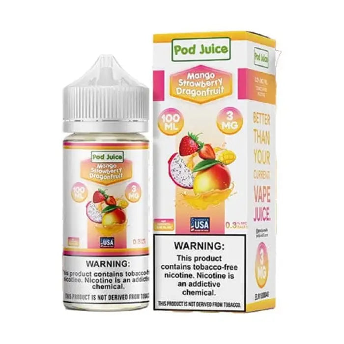 Bottle of Pod Juice e-liquid in Mango Strawberry Dragonfruit flavor with its packaging box.