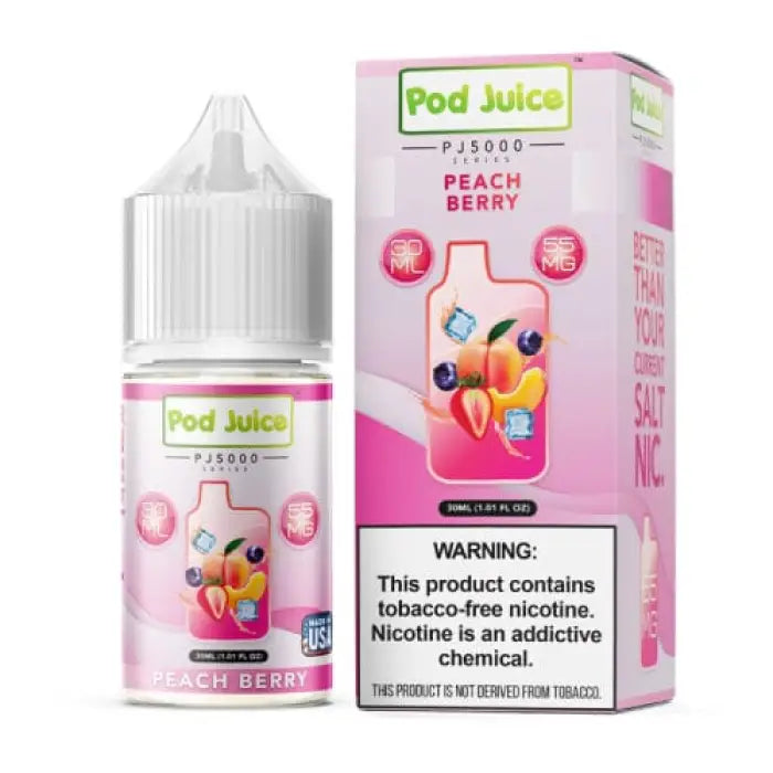 E-liquid bottle and packaging for Pod Juice Peach Berry flavor.