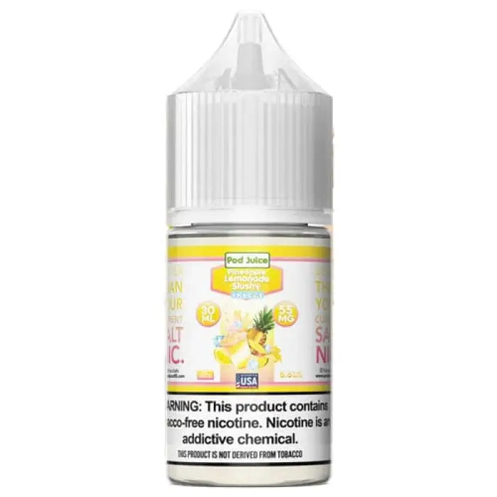 Bottle of pineapple-flavored e-liquid or vape juice with a white cap and yellow label.