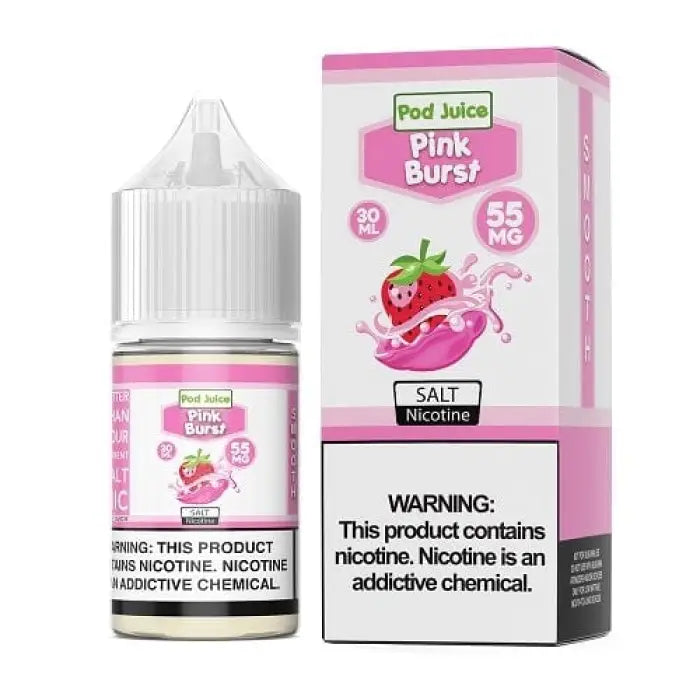 Pink-colored e-liquid bottle and its packaging featuring a strawberry flavor called ’Pink Burst’ by Pod Juice.