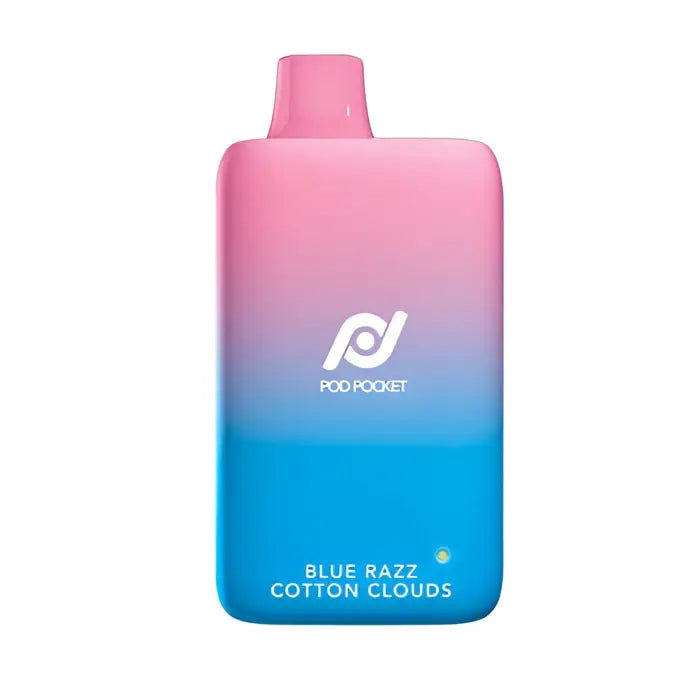 Pink and blue gradient vape device with ’Pod Pocket’ branding.