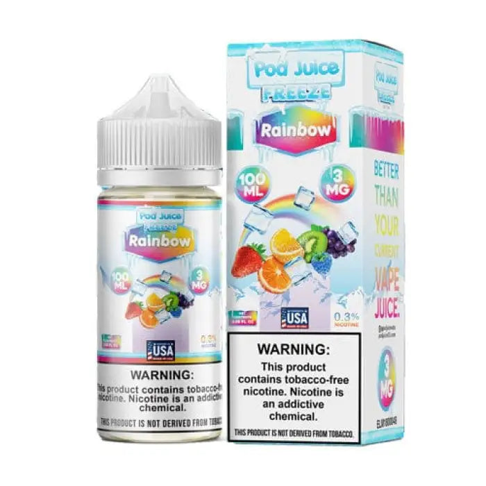 E-liquid bottle and packaging for ’Pod Juice Rainbow’ vape juice.