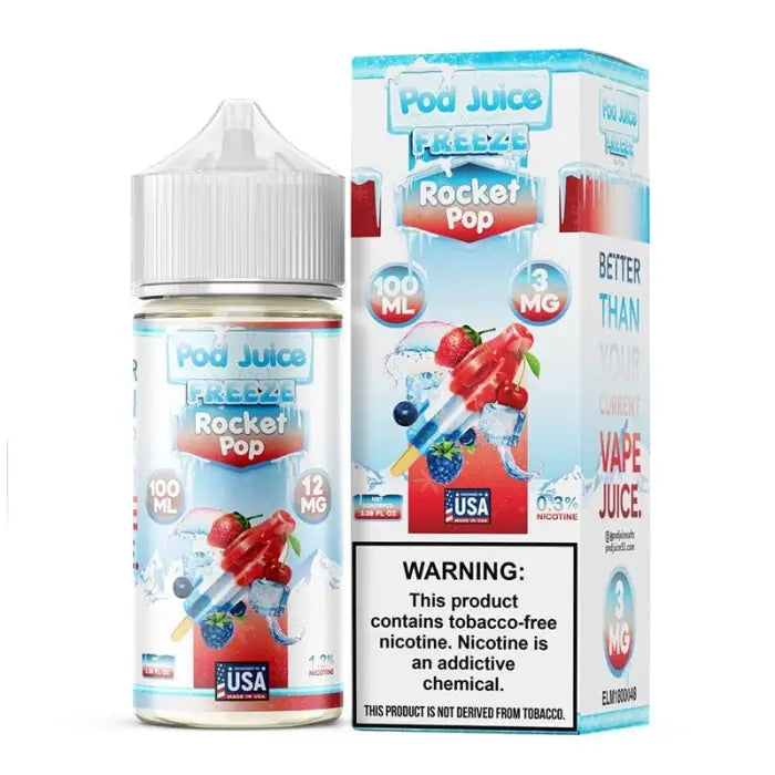 E-liquid bottle and packaging for ’Pod Juice Rocket Pop’ flavor vape juice.