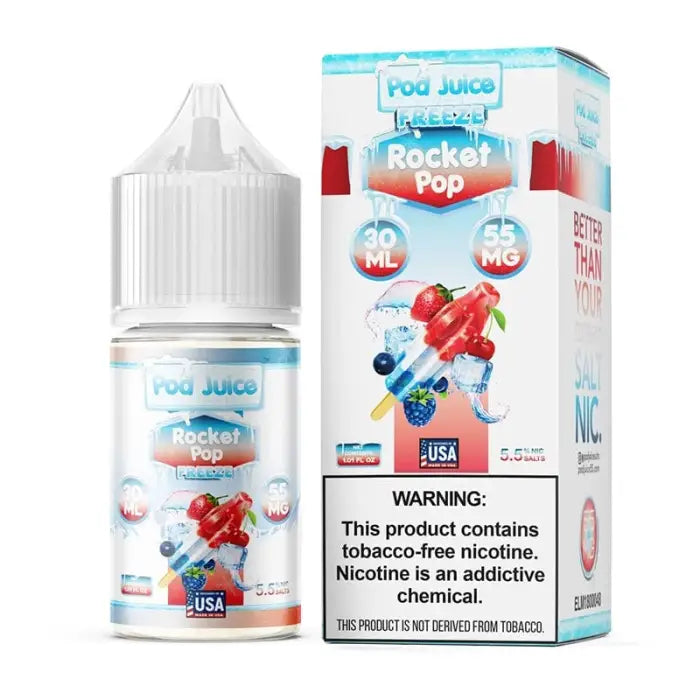 E-liquid bottle and packaging for ’Pod Juice Rocket Pop’ flavor vape juice.