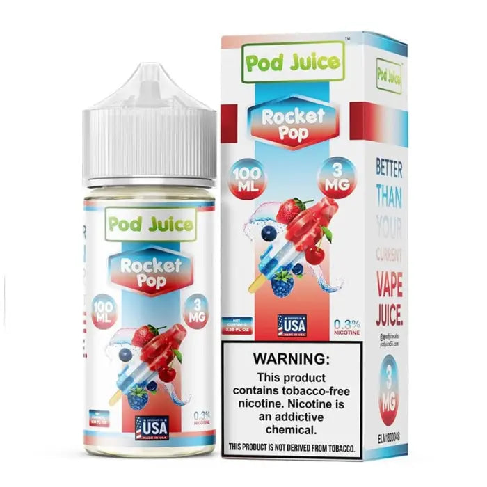 E-liquid bottle and packaging for ’Pod Juice Rocket Pop’ vape juice flavor.