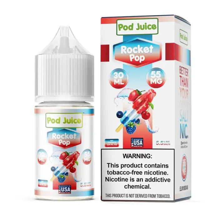 E-liquid bottle and packaging for ’Pod Juice Rocket Pop’ flavor vape juice.