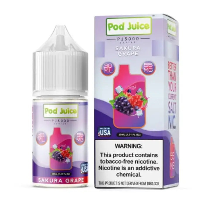 E-liquid bottle and packaging for ’Pod Juice’ in Sakura Grape flavor.