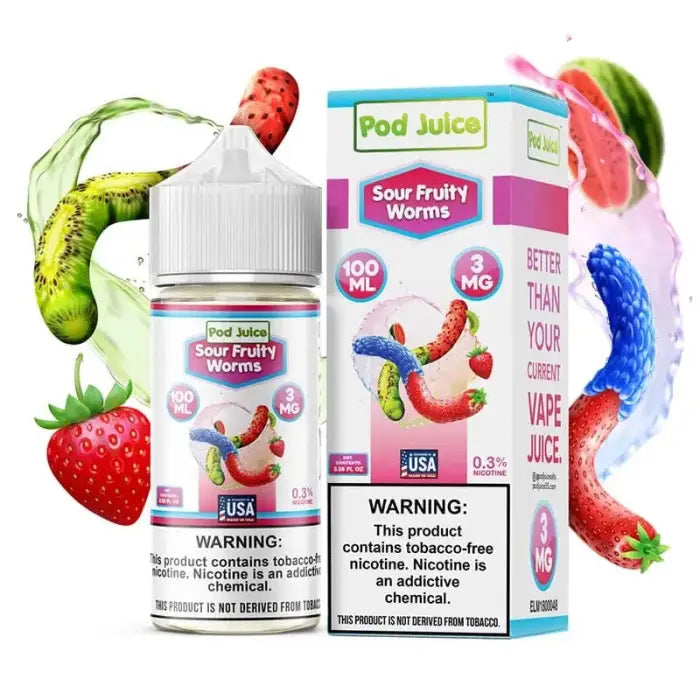 E-liquid bottle and packaging for ’Pod Juice Sour Fruity Worms’ vape juice flavor.