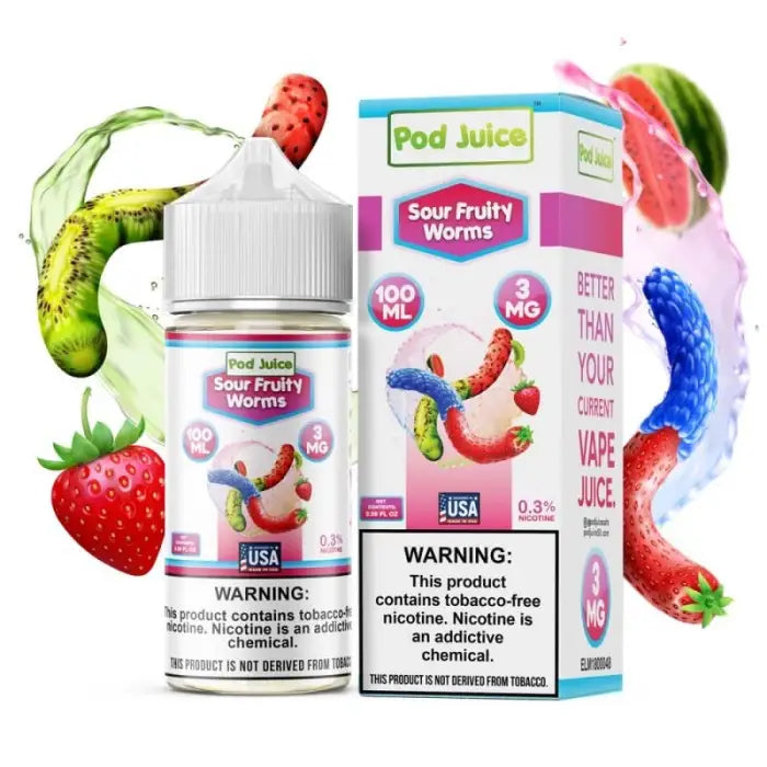 E-liquid bottle and packaging for ’Sour Fruity Worms’ flavor vape juice.