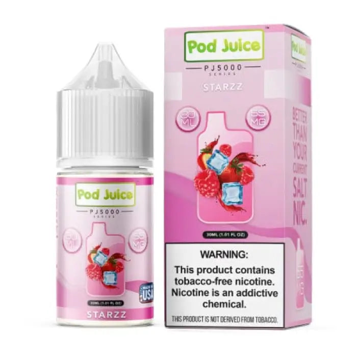 E-liquid bottle and packaging for ’Pod Juice’ brand vape juice in a pink and white color scheme.