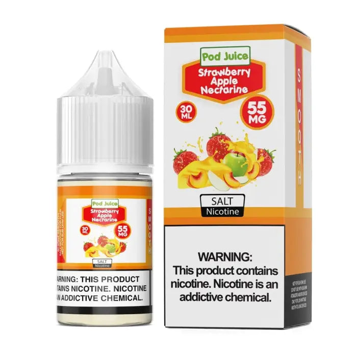 E-liquid bottle and packaging for ’Pod Juice’ brand strawberry apple nectarine flavor nicotine salt vape juice.