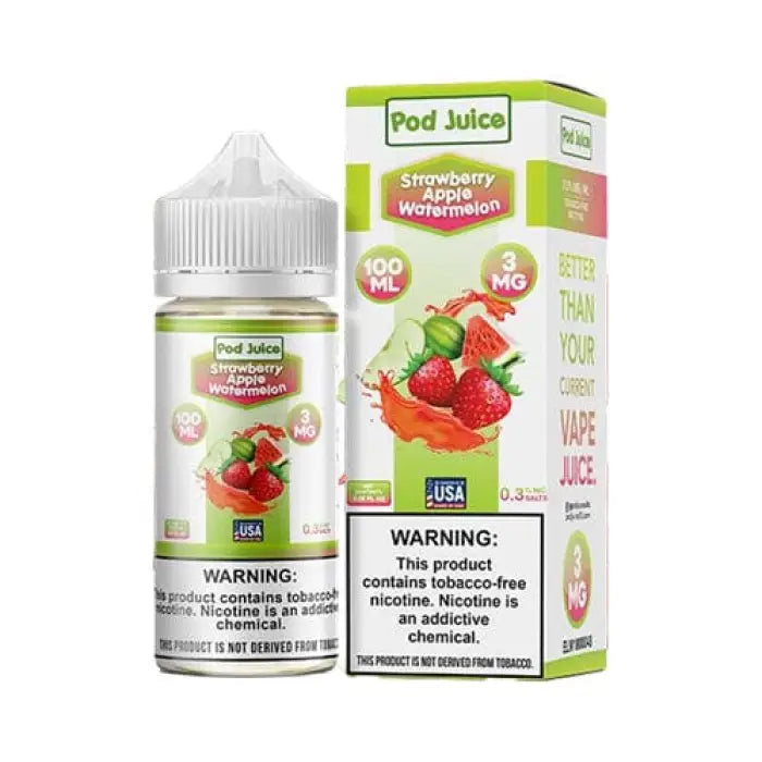 E-liquid bottle and packaging for ’Pod Juice’ in Strawberry Apple Watermelon flavor.