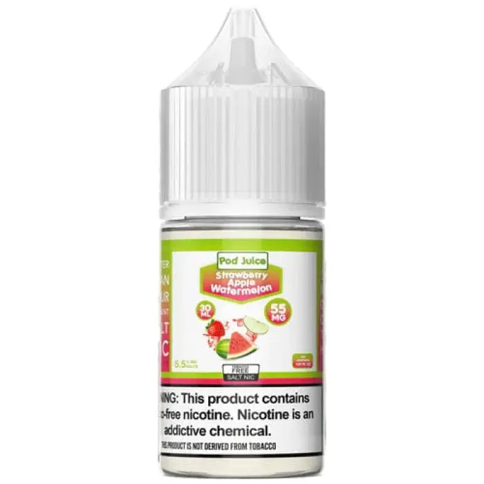 Bottle of strawberry watermelon flavored e-liquid or vape juice with a green label.