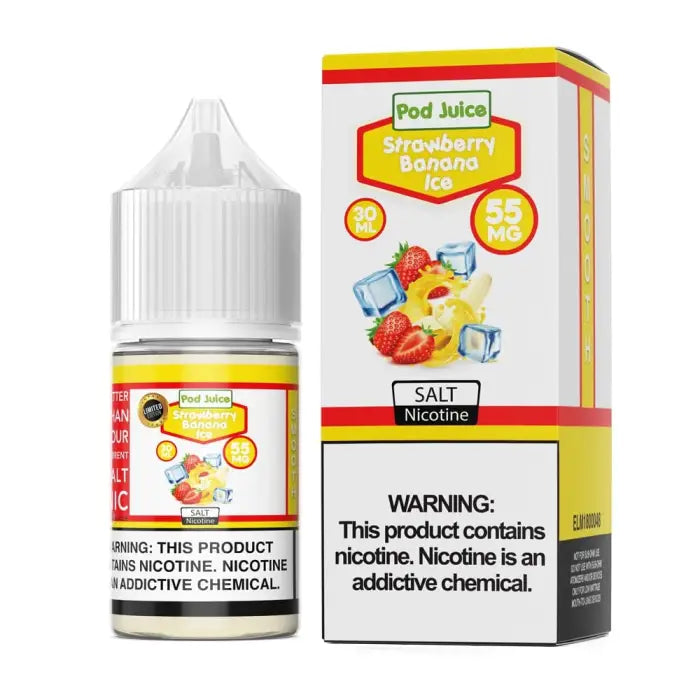 E-liquid bottle and packaging for ’Pod Juice’ strawberry banana ice flavor with nicotine warning labels.