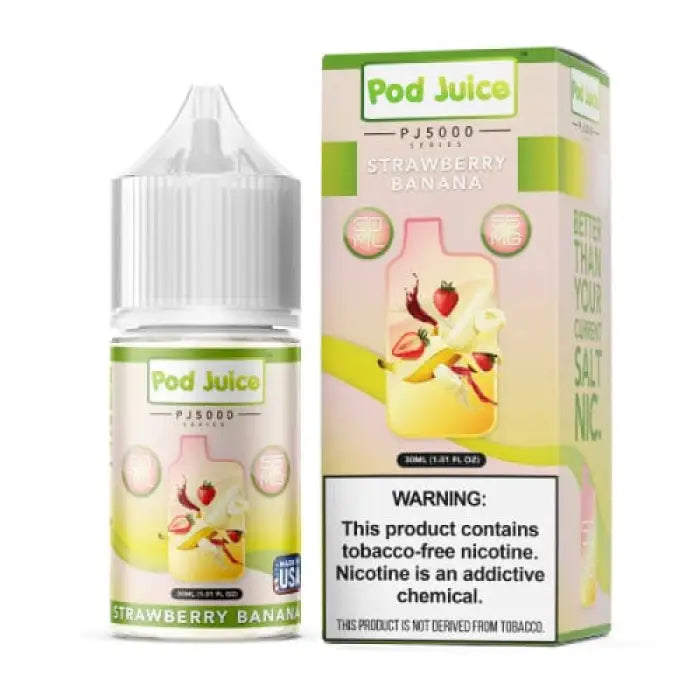 E-liquid bottle and packaging for ’Pod Juice’ in Strawberry Banana flavor.