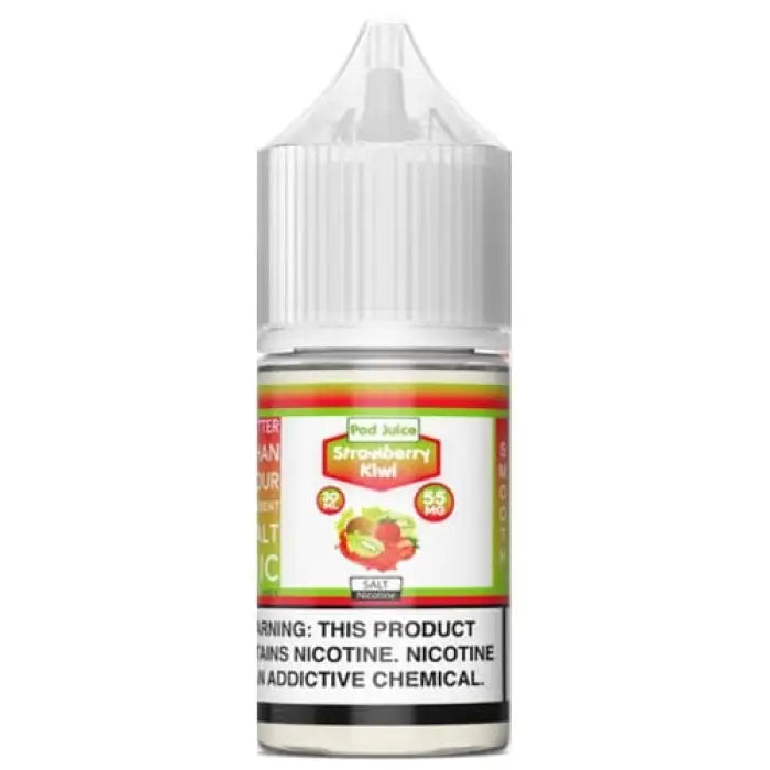 Bottle of strawberry-flavored e-liquid or vape juice with a white cap and colorful label.