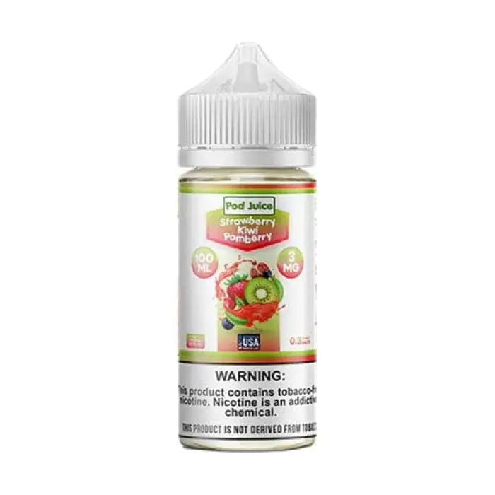 Bottle of fruit-flavored e-liquid or vape juice featuring kiwi and strawberry imagery.