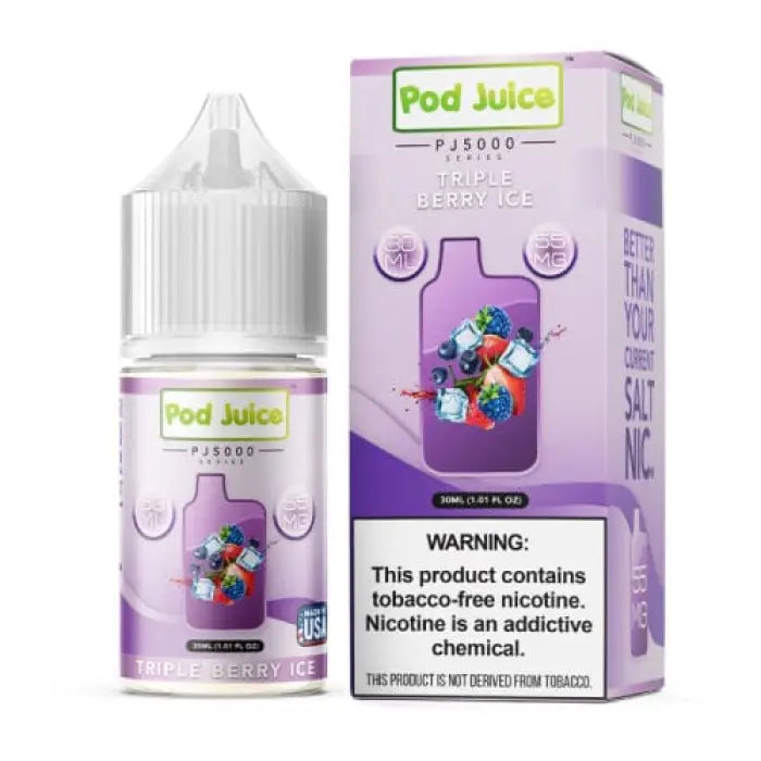 E-liquid bottle and packaging for ’Pod Juice’ brand in Triple Berry Ice flavor.