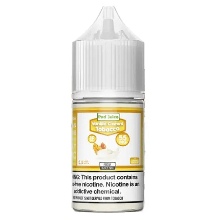 White plastic bottle of vanilla custard tobacco-flavored e-liquid with a yellow label.