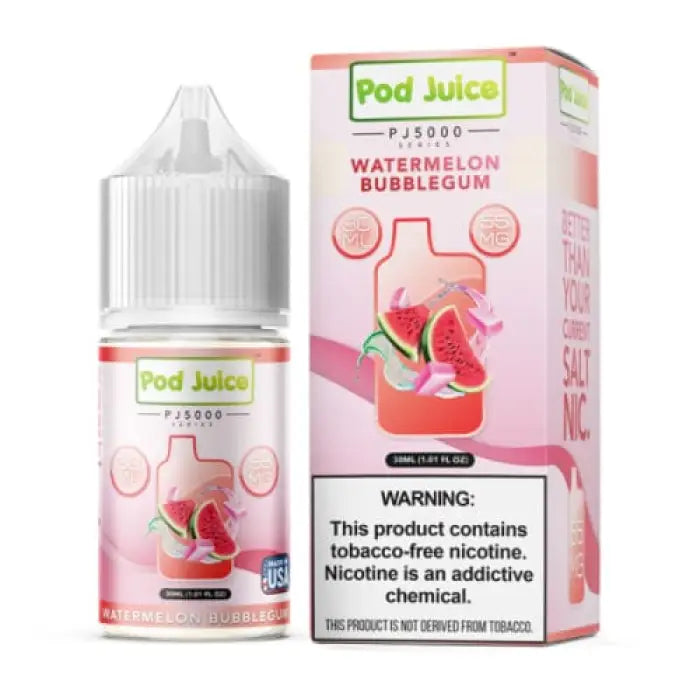 Bottle and packaging of Pod Juice Watermelon Bubblegum flavored e-liquid.