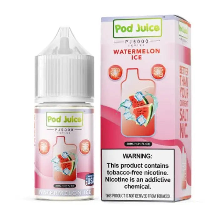 Bottle and packaging of Pod Juice Watermelon Ice e-liquid for vaping.