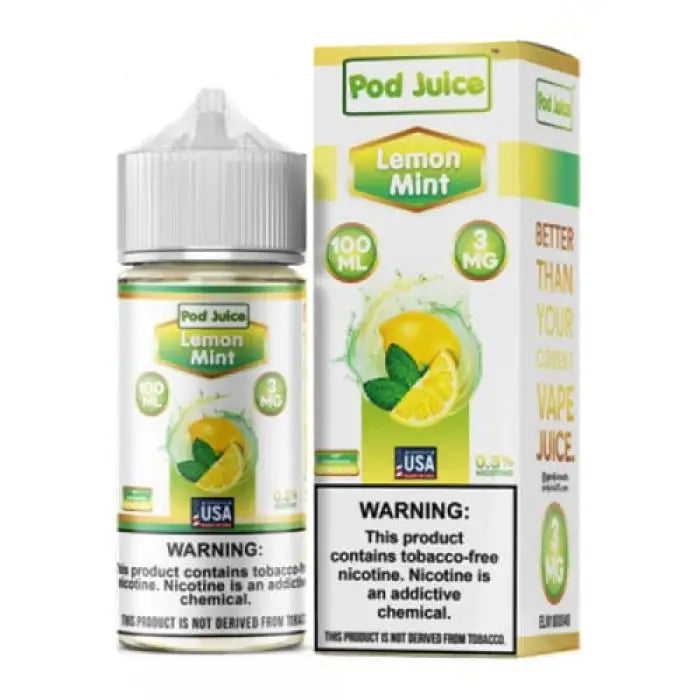 E-liquid bottle and packaging for ’Pod Juice’ in Lemon Mint flavor.