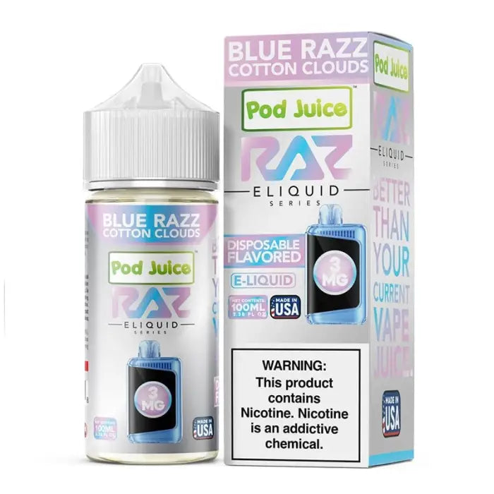 E-liquid bottle and packaging for ’Blue Razz Cotton Clouds’ flavor by Pod Juice.