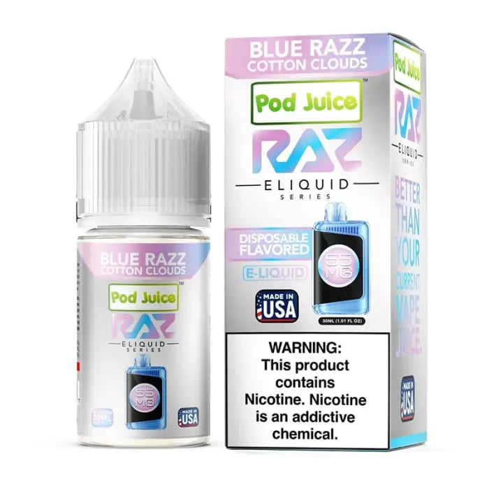 E-liquid bottle and packaging for ’Blue Razz Cotton Clouds’ flavor by Pod Juice RAZ.