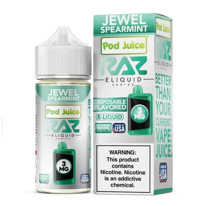 Bottle and packaging of Jewel Spearmint Pod Juice e-liquid.