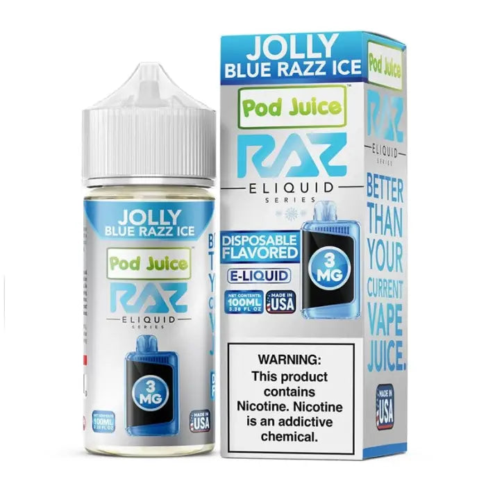 E-liquid bottle and packaging for ’Jolly Blue Razz Ice’ vape juice.