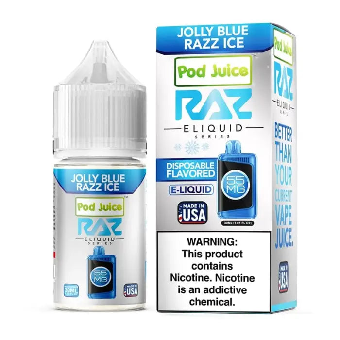 Bottle of ’Jolly Blue Razz Ice’ e-liquid vape juice with its product packaging.