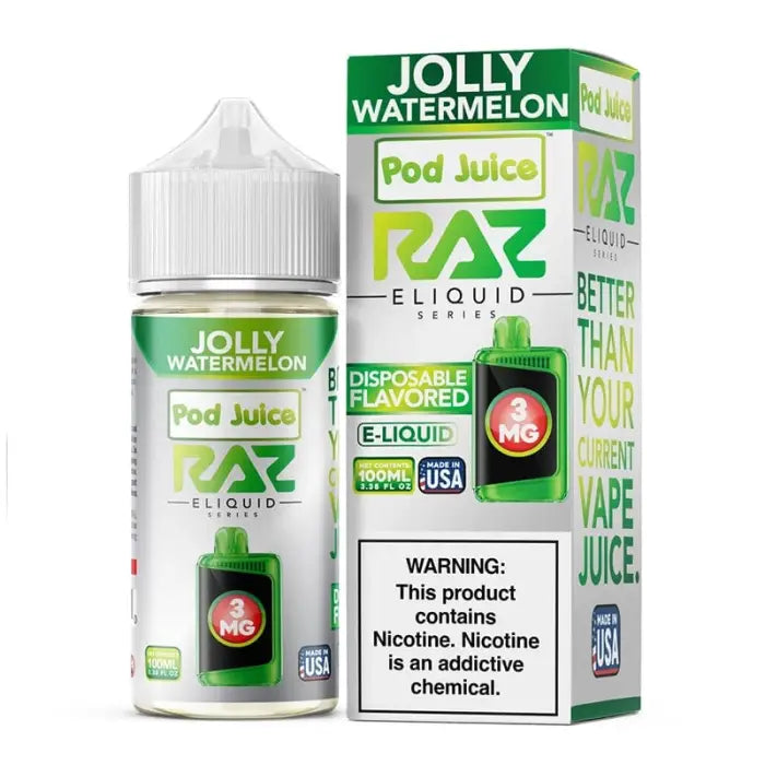 Bottle and packaging of Jolly Watermelon flavored e-liquid for vaping devices.